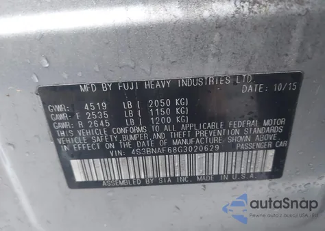 2016 Subaru Legacy 2.5I Premium z USA, uszkodzony, nr VIN 4S3BNAF68G3020629